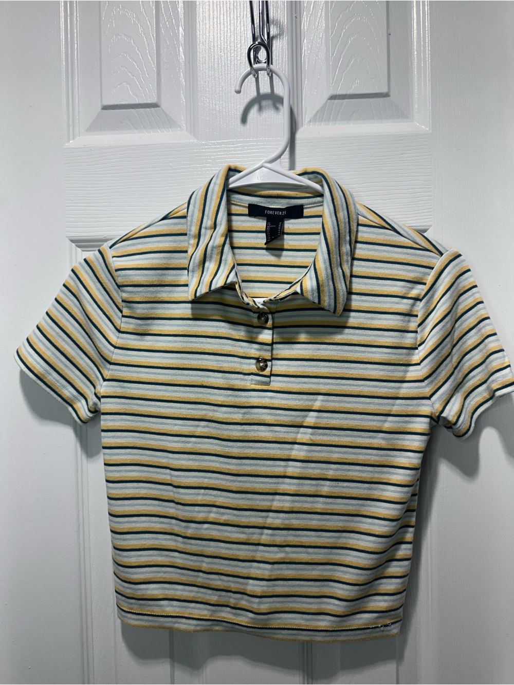 Forever 21 Yellow, White & Green Striped Polo Crop Top
